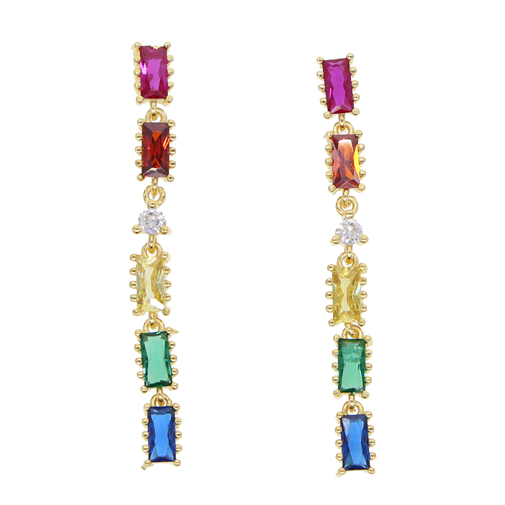 long tassel drop earring rainbow baguette cz link chain geometric fashion gorgeous women jewelry