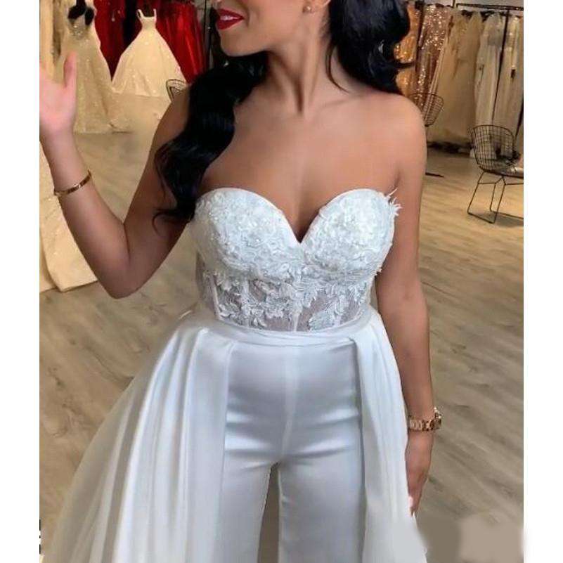 Sexy White Jumpsuits Pants Evening Dresses For Bride Wear 2020 Sweetheart Appliques Long Detachable Skirt Pants Dress Prom Gowns
