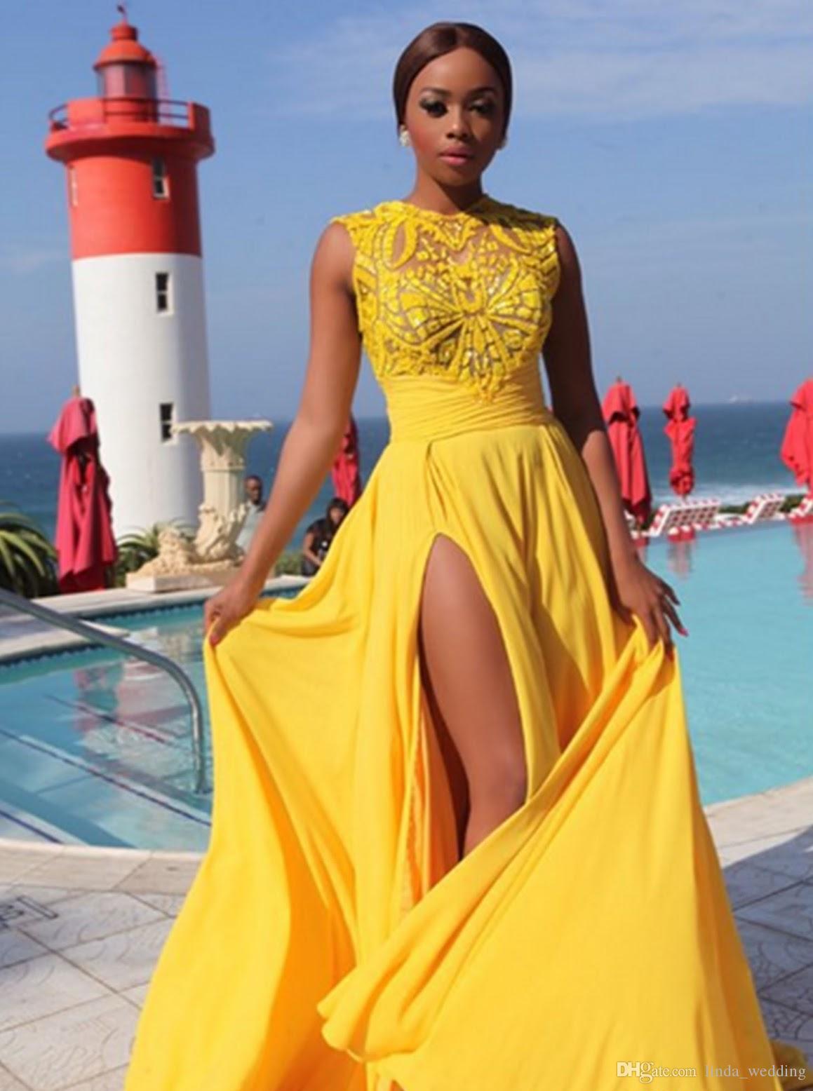 2019 Yellow Chiffon Prom Dress Arabic Cheap Simple High Split Sexy Formal Summer Holidays Wear Evening Party Gown Custom Made Plus Size