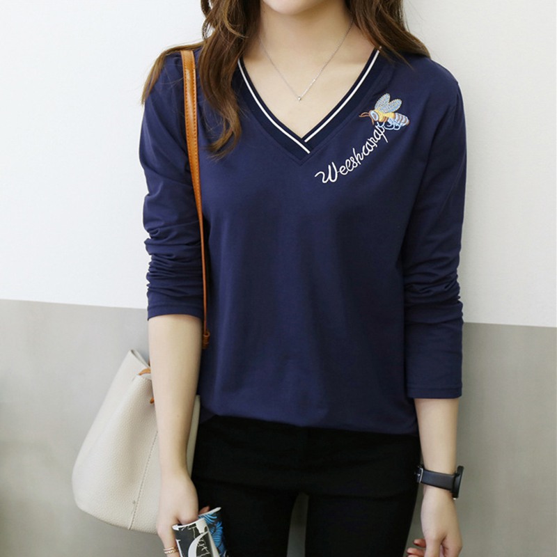 Korean Style T Shirt Trendy Slim V-neck Long-sleeved Top Fashion Wild Embroidery Letter Women's Tshirt, Navy blue
Korean Style T Shirt Trendy Slim V-neck Long-sleeved Top Fashion Wild Embroidery Letter Women's Tshirt, Navy blue