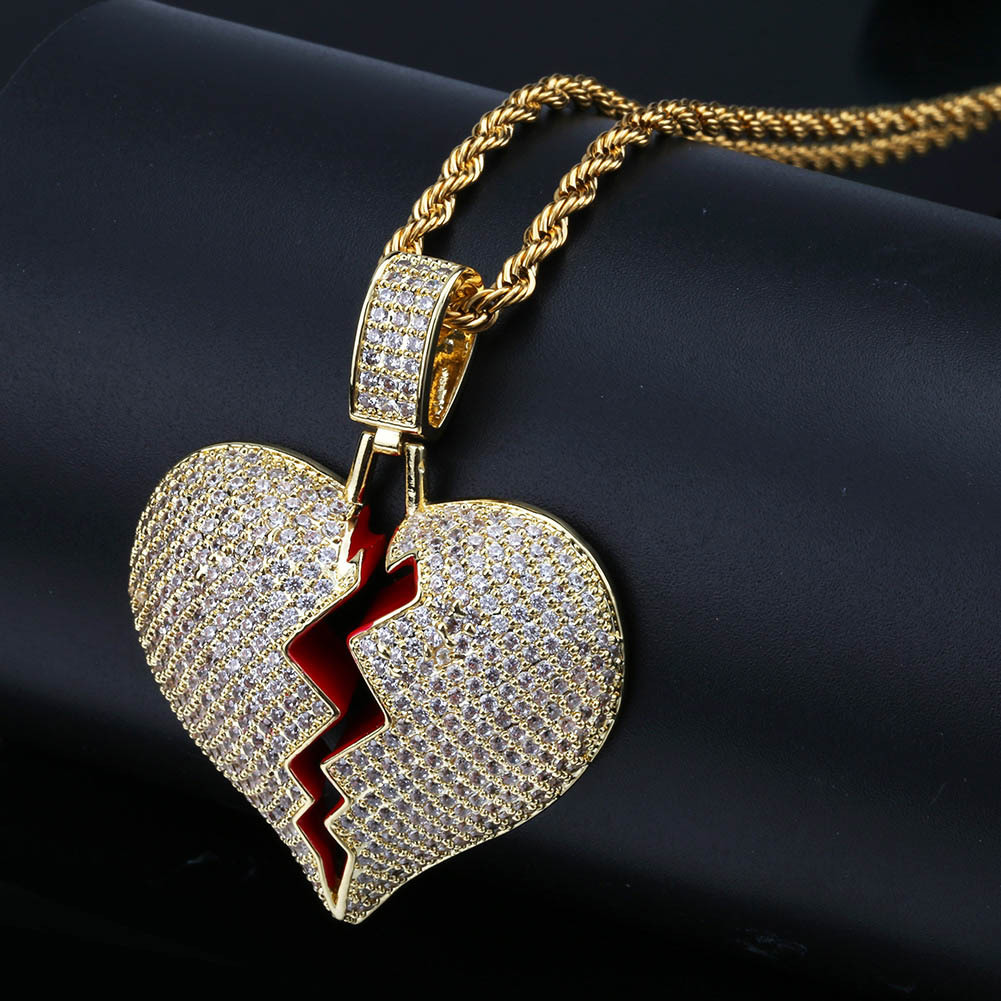 Personalized 18K Gold White Gold Plated Fully Iced Out Broken Heart Pendant Necklace CZ Cubic Zircon Diamond Hip Hop Jewelry Gift for Couple