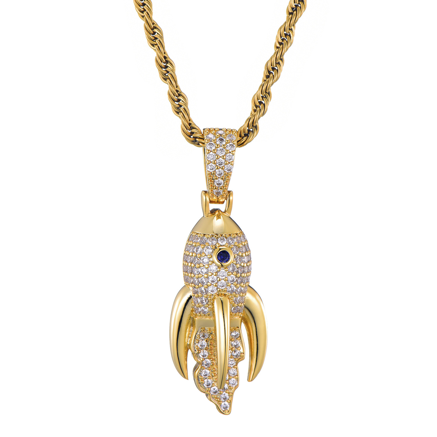 New Fashion personalized guys Gold Plated Mens Bling Rocket Ship Pendant Necklace Chains Hip Hop Iced Out Rock Rapper Jewelry Gifts for Guys