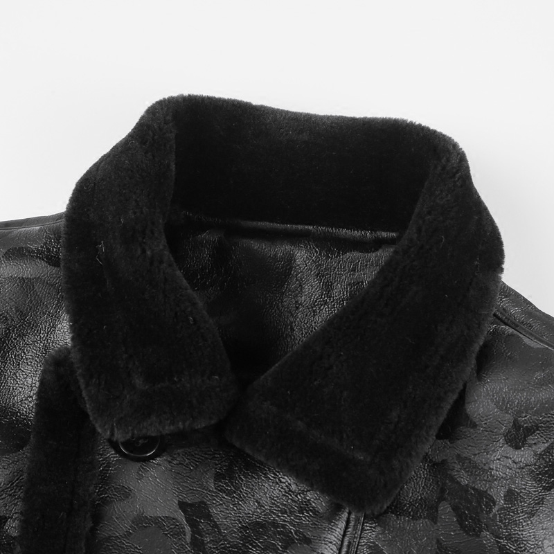 Black Lamb Woolen Men Fur Coat Winter Warm Camouflage Fur Collar Faux Mens Leather Jacket Moto Luxury Slim Natural Thick
