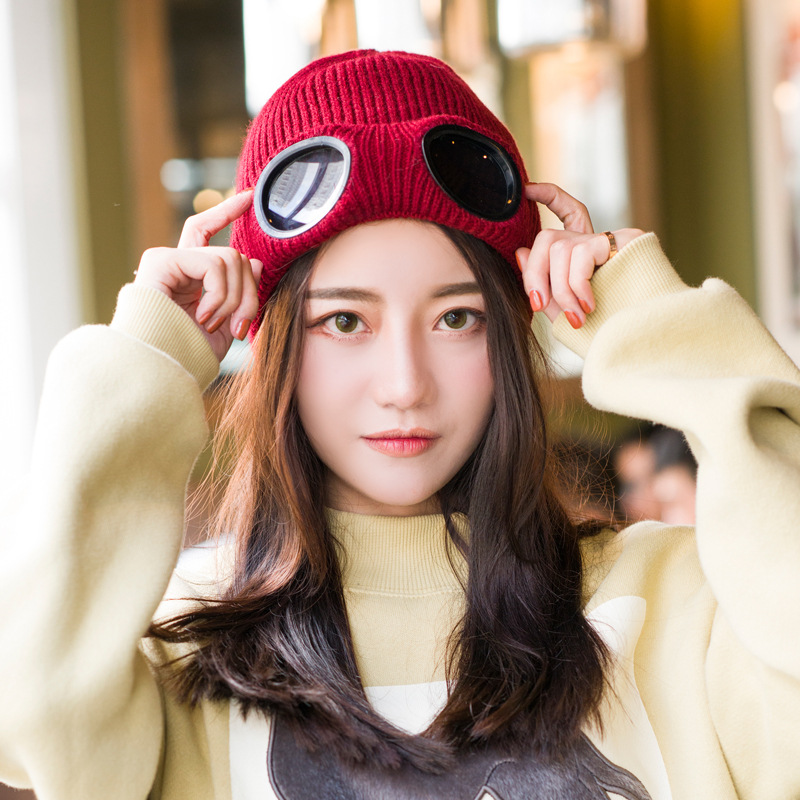 Women Men Double-use Thickened Hats Winter Warm Knitted Beanies Outdoor Ski Cap Sunglasses Accessories Adult Cap