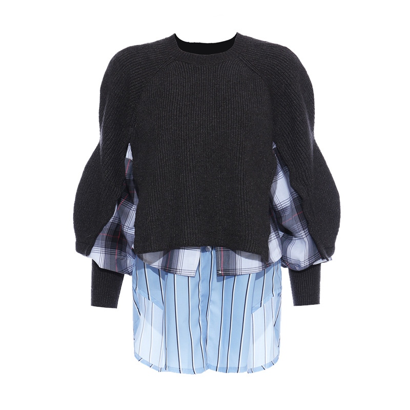 2020 fashion irregular multiple checkered pattern stitching fake two sweaters, Black
2020 fashion irregular multiple checkered pattern stitching fake two sweaters, Black