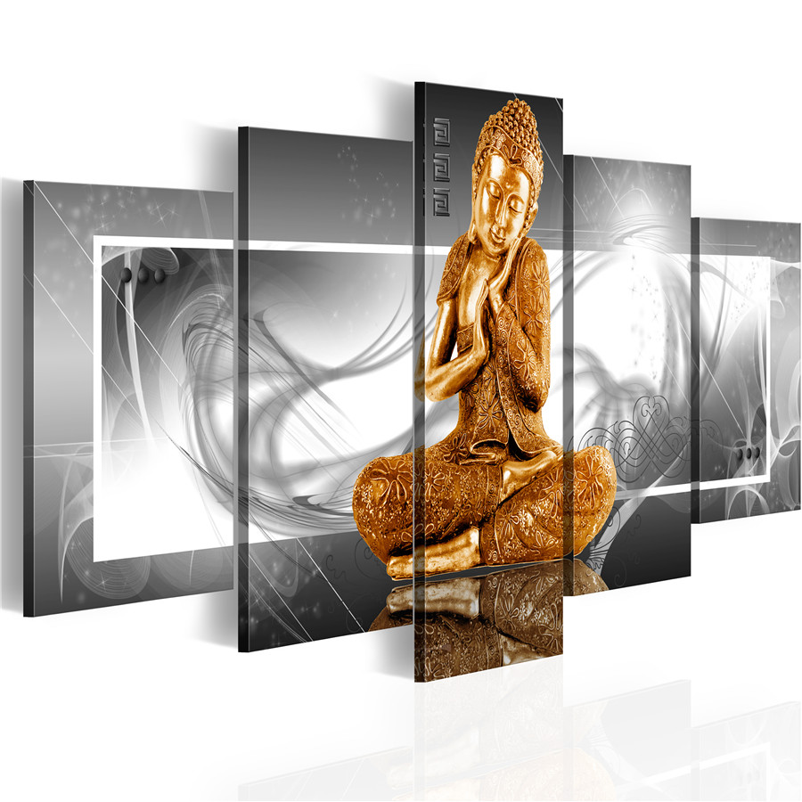 No Frame 5 Piece Buddha Canvas Painting Home Decor Wall Art Picture for Living Room,Choose Color:(Brown,Gold,Purple) And Size:3