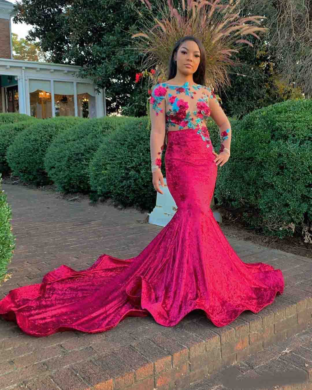 Black Girls Red Mermaid Prom Dresses 2020 Sequined Evening Gowns Velvet Plus Size Long Sleeve Prom Dress vestidos de fiesta
