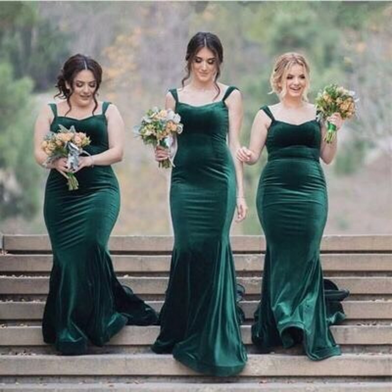 Spring 2019 New Pattern Bridesmaid Gown Strappy Fit and Flare Sweep Train Dark Green Elastic Velour Formal Wedding Bridesmaid Dresses