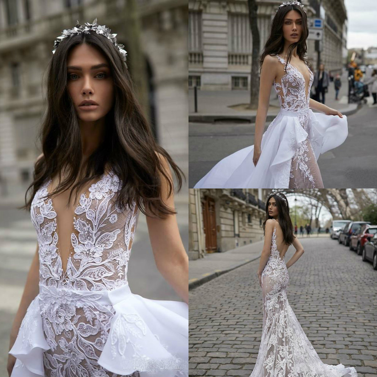 2019 Julie Vino Sexy Mermaid Wedding Dresses with Detachable Train Illusion V Neck Lace Applique Open Back Bridal Gowns Beach Wedding Dress
