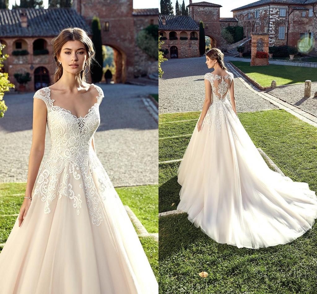 Champagne A Line Wedding Dresses Jewel Neck Cap Sleeves Illusion Lace Appliques With Button Back Long Plus Size Formal Bridal Gowns
