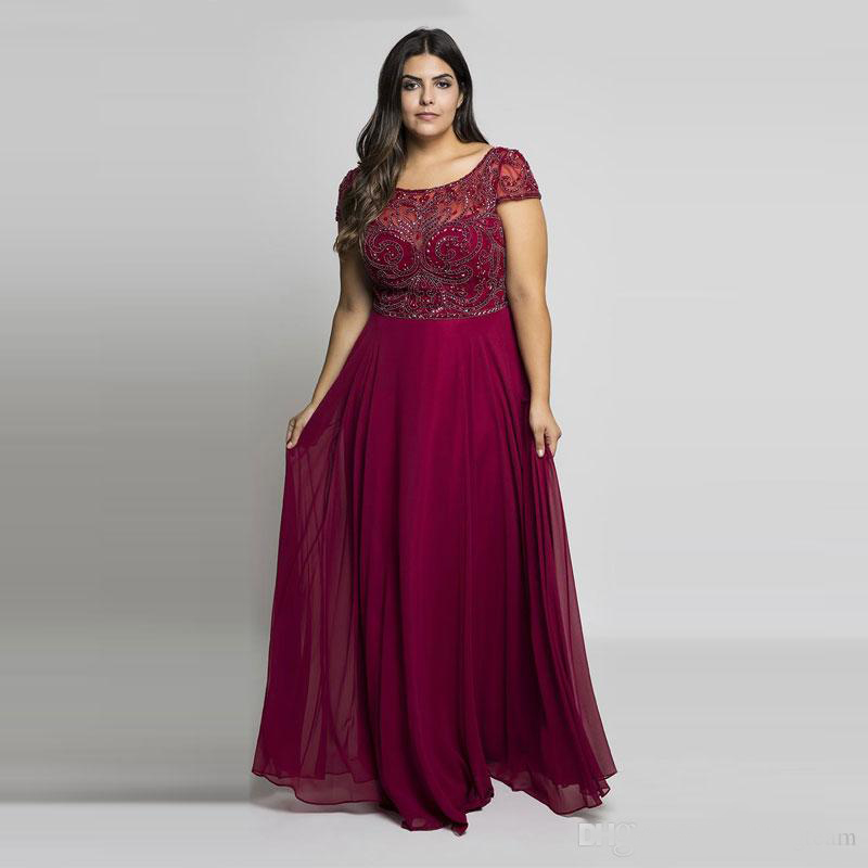 Burgundy Plus Size Prom Dresses Sheer Jewel Neck Chiffon Backless Evening Gowns A-Line Floor Length Long Beaded Formal Dress