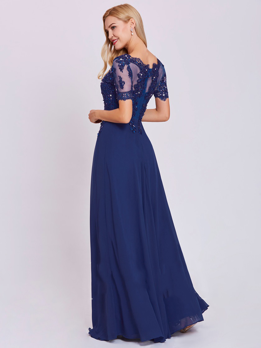 2020 A Line Evening Dresses Dark Blue Rhinestone Applique Sequins Chiffon Prom Dress Short Sleeves Floor Length Formal Dresses