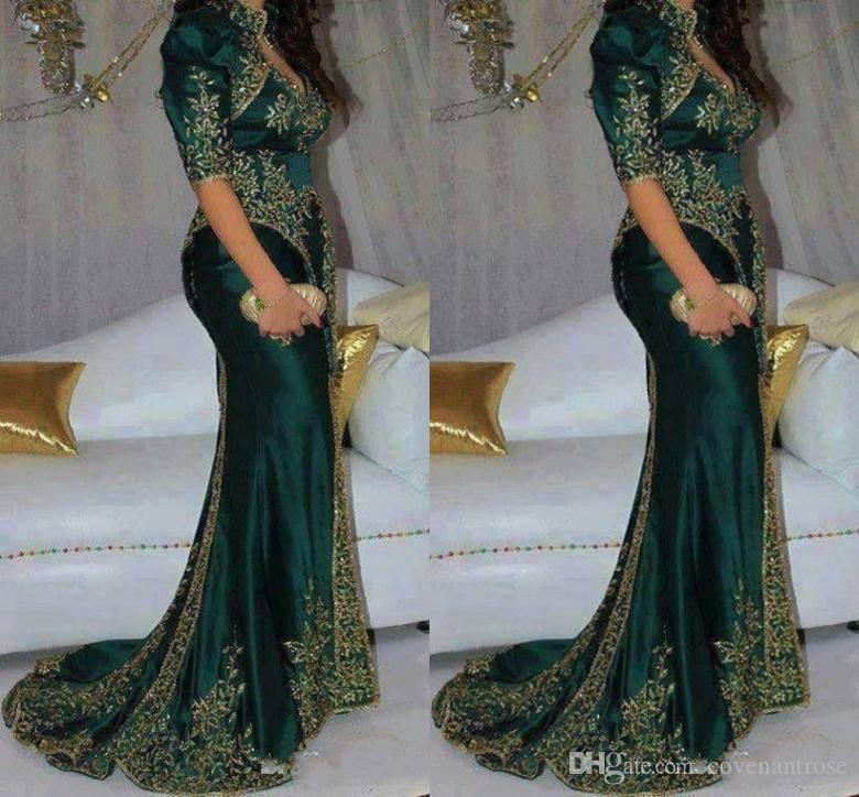 Green Elegant Dark Mermaid Evening Dresses Embroidery Beaded Sequin High Neck Indian 1/2 Sleeves Gold Appliques Prom Gowns Party Dress