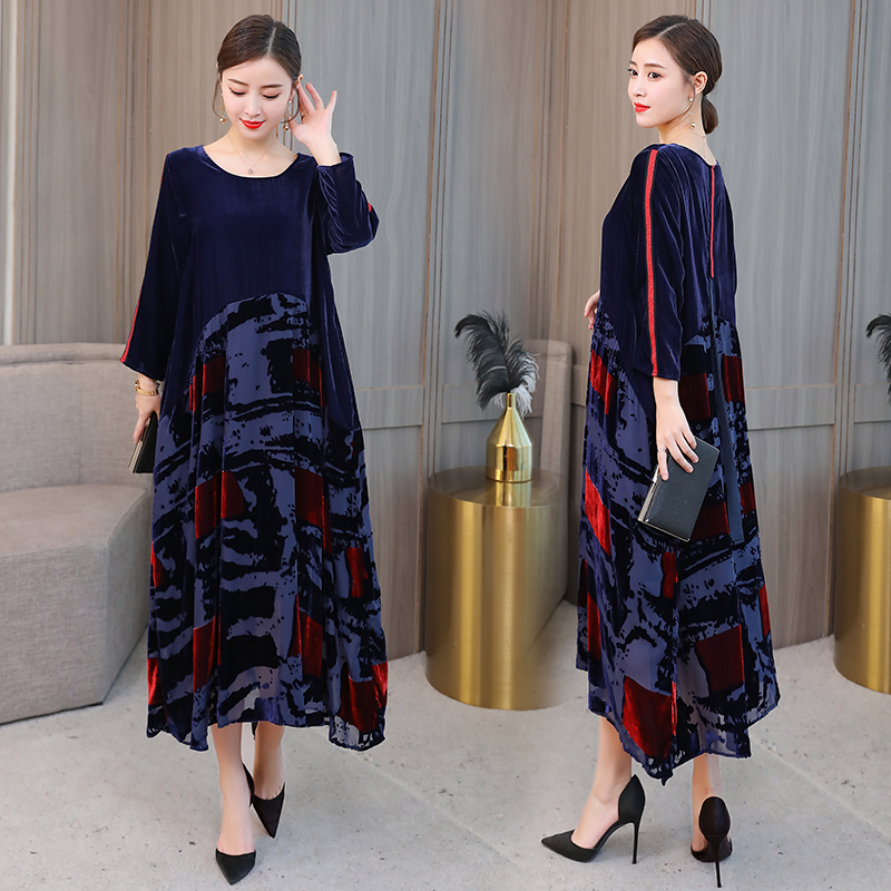 Women Plus size Dresses M-4XL New Autumn Winter Loose Fashion Print Woman Long Maxi Dress Elegant Robe Vintage Velvet Dresses MX200518