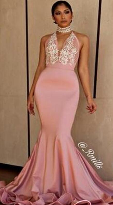 African Prom Dresses Sexy Backless Pink Formal Evening Dresses Lace High Collar Mermaid Party Gowns Black Girls Party Dresses