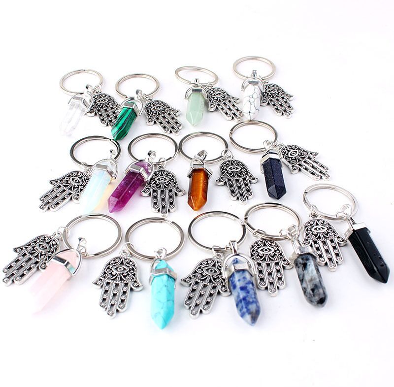 

Bullet Shape Natural Stone Keychain Turquoise Quartz Crystal Fatima Evil Eye Palm Charms Key Chains Hexagonal Accessories Bag Key Ring