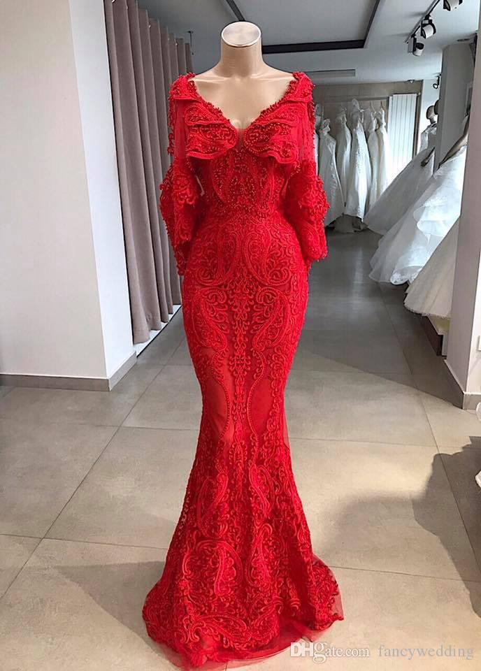 2019 Evening Gowns For Reception V Neck Lace Appliqued Pearls Luxury Red Mermaid Prom Dress Arabic Formal Party Dress Dubai Party Gowns