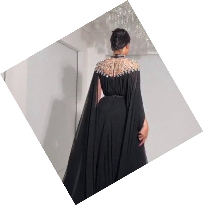 2022 Luxury Moroccan Arabic Dubai Crystals Prom Dresses Chiffon Formal Evening Party Gowns A Line Cape Sleeves High Neck Beaded Women Black Special Oc