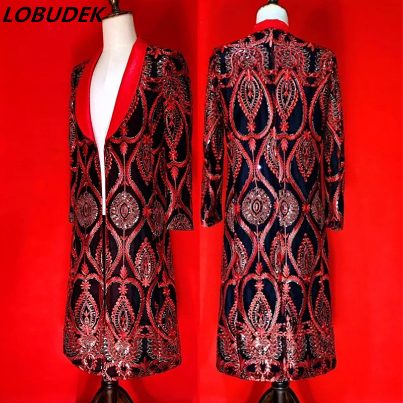 Nightclub Bar Punk Hip Hop Singer Dancer Sequin Long Coat Vintage Red Sequins Embroidery Overcoat Concert Stage Costume -4XL, As pic
Nightclub Bar Punk Hip Hop Singer Dancer Sequin Long Coat Vintage Red Sequins Embroidery Overcoat Concert Stage Costume -4XL, As pic