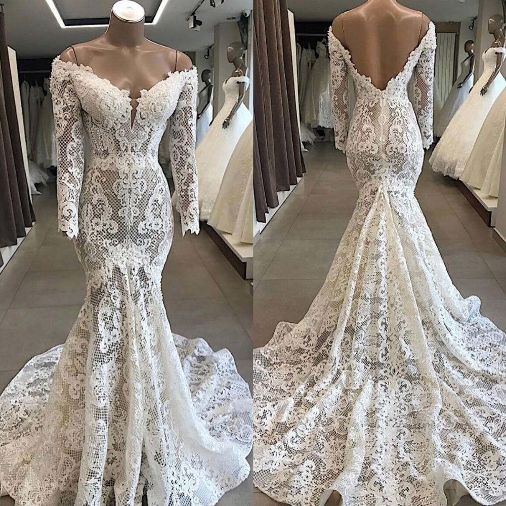 Lace Gorgeous Mermaid Backless Wedding Dresses Off The Shoulder Long Sleeves Bridal Gowns Sweep Train Appliqued Trumpet Robe De Marie