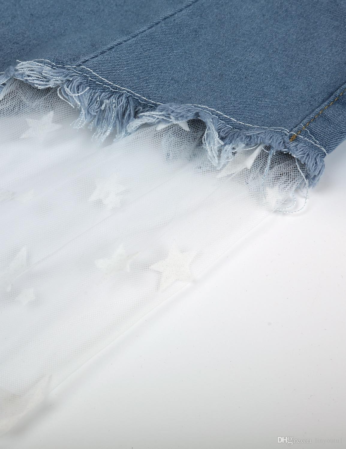 2020 Sexy Women Wide Leg Pants Sheer Mesh Star Print Splice Denim Pants High Waist Casual Loose Pants Jeans Fashion Party Trousers
