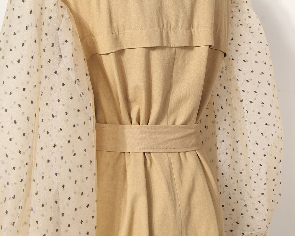 GETSRING Women Trench Coat Khaki Cotton Windbreakers Lantern Sleeve Spliced Double Breasted Coat Lace Up Slim Long Overcoat