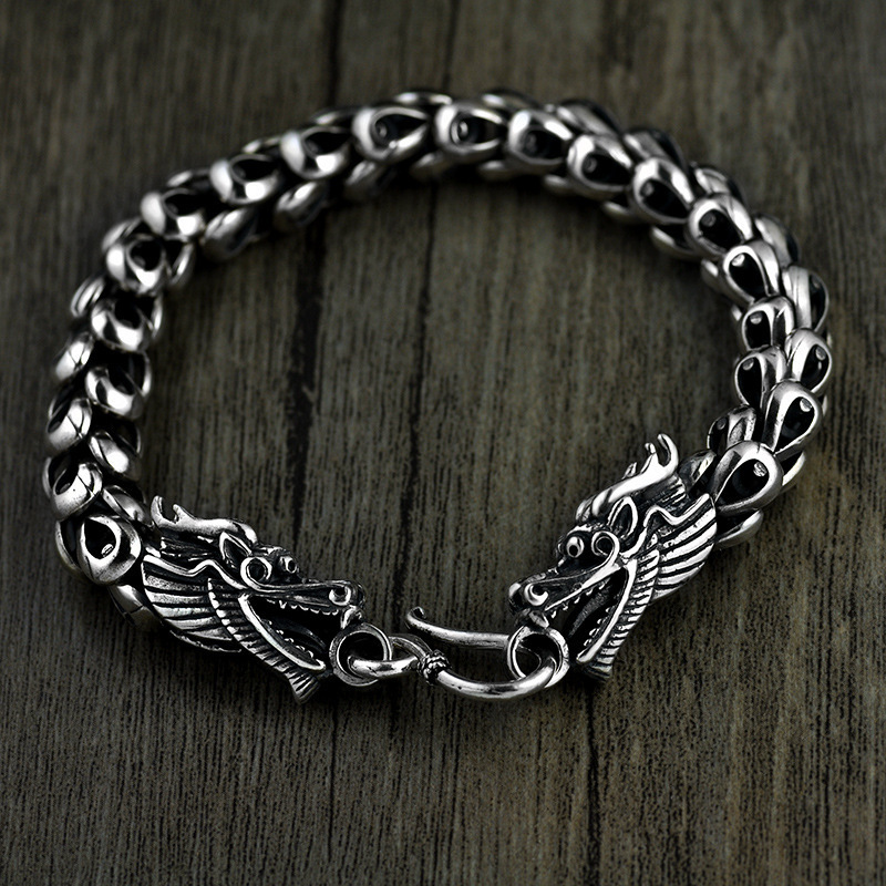Dragon Scale Bracelet Chain Real Pure 925 Sterling Silver Double Heads Vintage Punk Rock Retro Style Men Jewelry CX200706