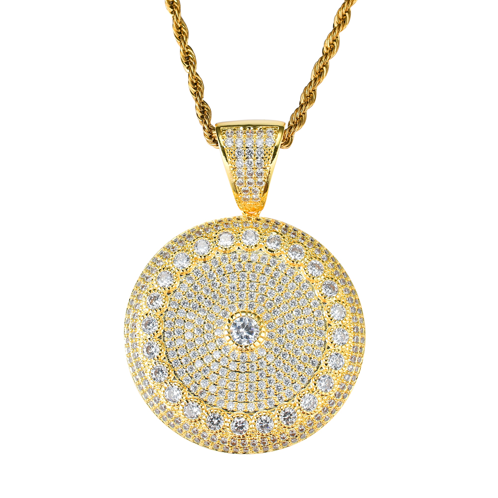 Wholesale- Hip Hop Disc Pendant Copper Micro pave with CZ stones Necklace Jewelry for men CN015