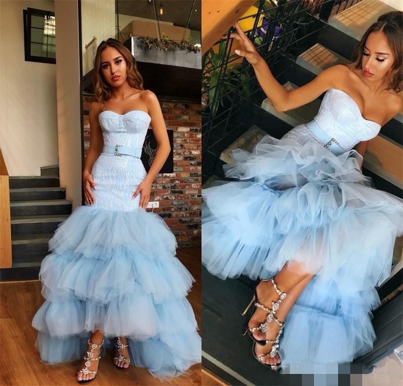 Blue High Sky Low Prom Dresses Sweetheart Neckline Tulle Sash Rhinestones Custom Made Mermaid Evening Party Gown Formal Ocn Wear