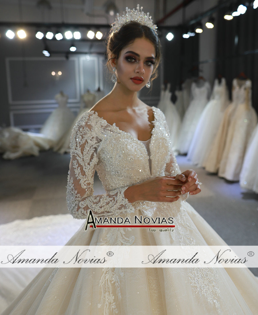 Light Champagne V Neck Crystal Lace Ball Wedding Dresses Muslim Long Sleeves Open Back Plus Size Bridal Gown Real Pictures BC