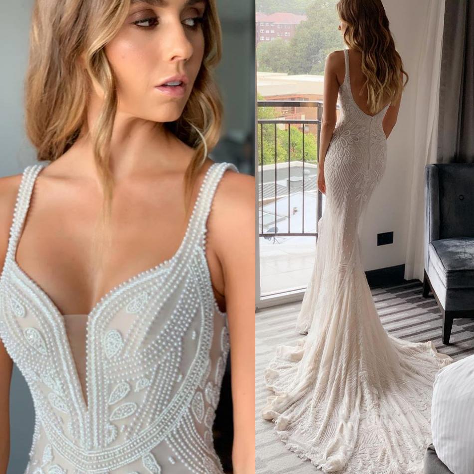 Romantic Illusion Bohemia Mermaid Wedding Dresses Full Pearls Berta Sexy Open Back Sleeveless Bridal Gowns Sweep Train Beach Dresses