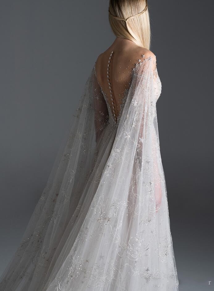 2020 Paolo Sebastian Evening Dresses Illusion Lace Embroidery Sheer Neck A Line Fairy Prom Dress With Wrap Custom Made Formal Party Gowns