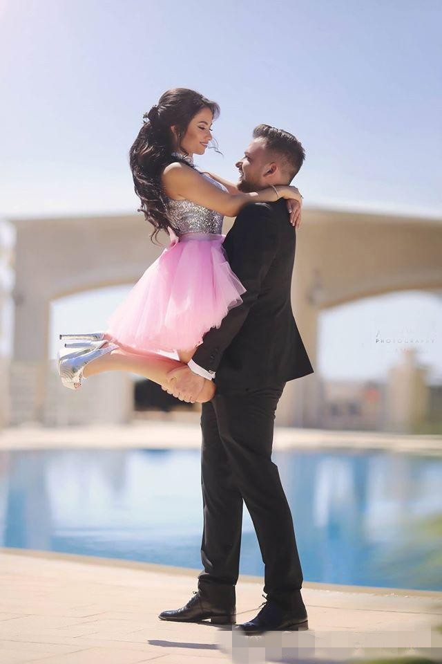 Pink Puffy Sier Sequins Homecoming Dresses Halter High Neck Short Mini Tail Party Ball Gown Formal Ocn Wear Custom Made