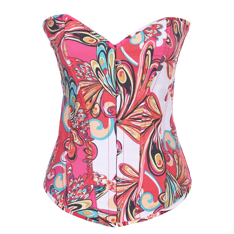 Colorful Printed Overbust Corset Women No Trim Vivid Floral Lace-up Padded Bustier Fashion Daily Corset Slim Body Waist Cincher Shapewears
