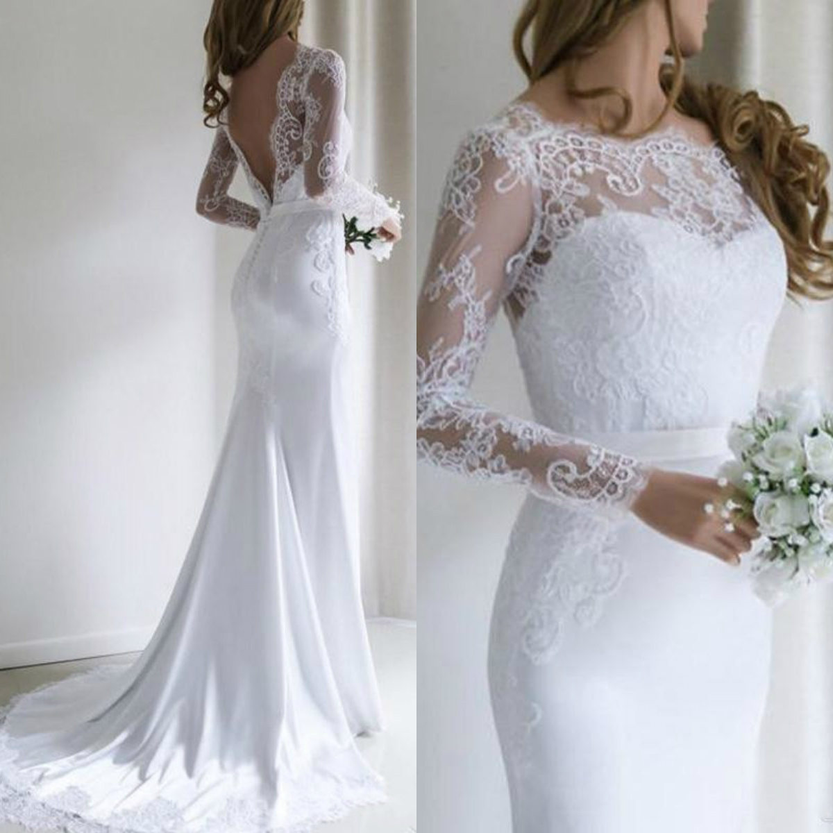 elegant satin long sleeve mermaid wedding dresses backless jewel neck appliques lace bridal gowns vestidos de novia