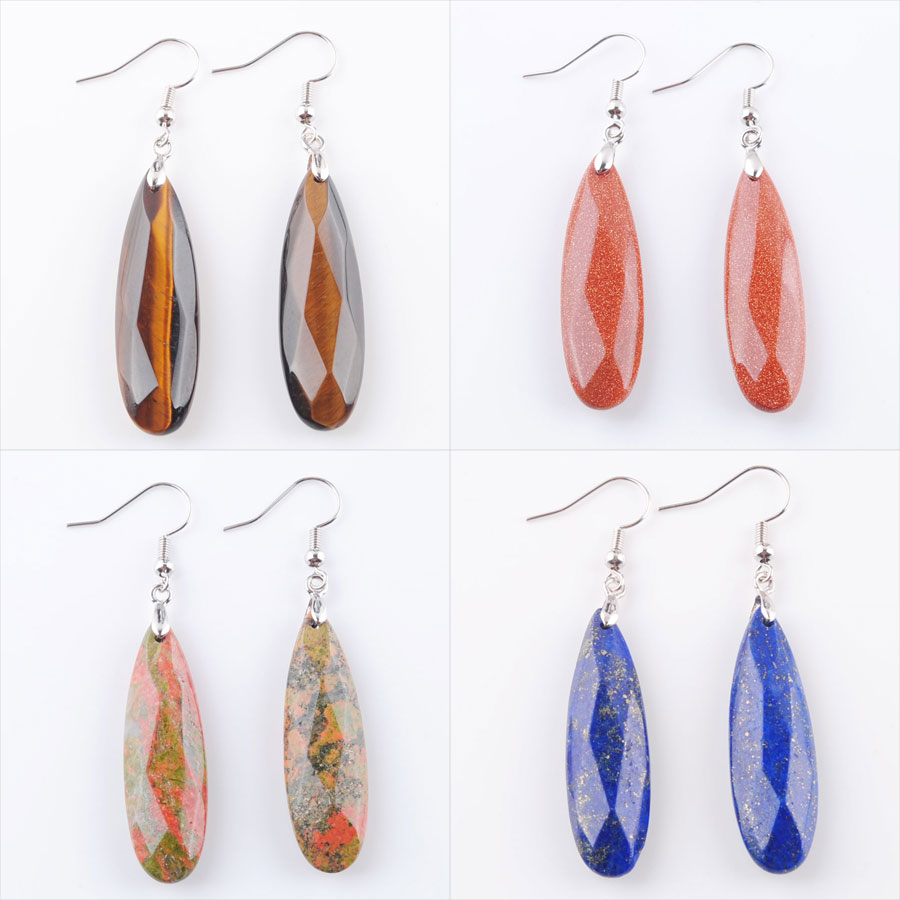 WOJIAER Natural Earrings Reiki Gem Stone Beads Dangle Hook Drop Earring Vintage Faceted Polygon for Female Jewelry DBR325
