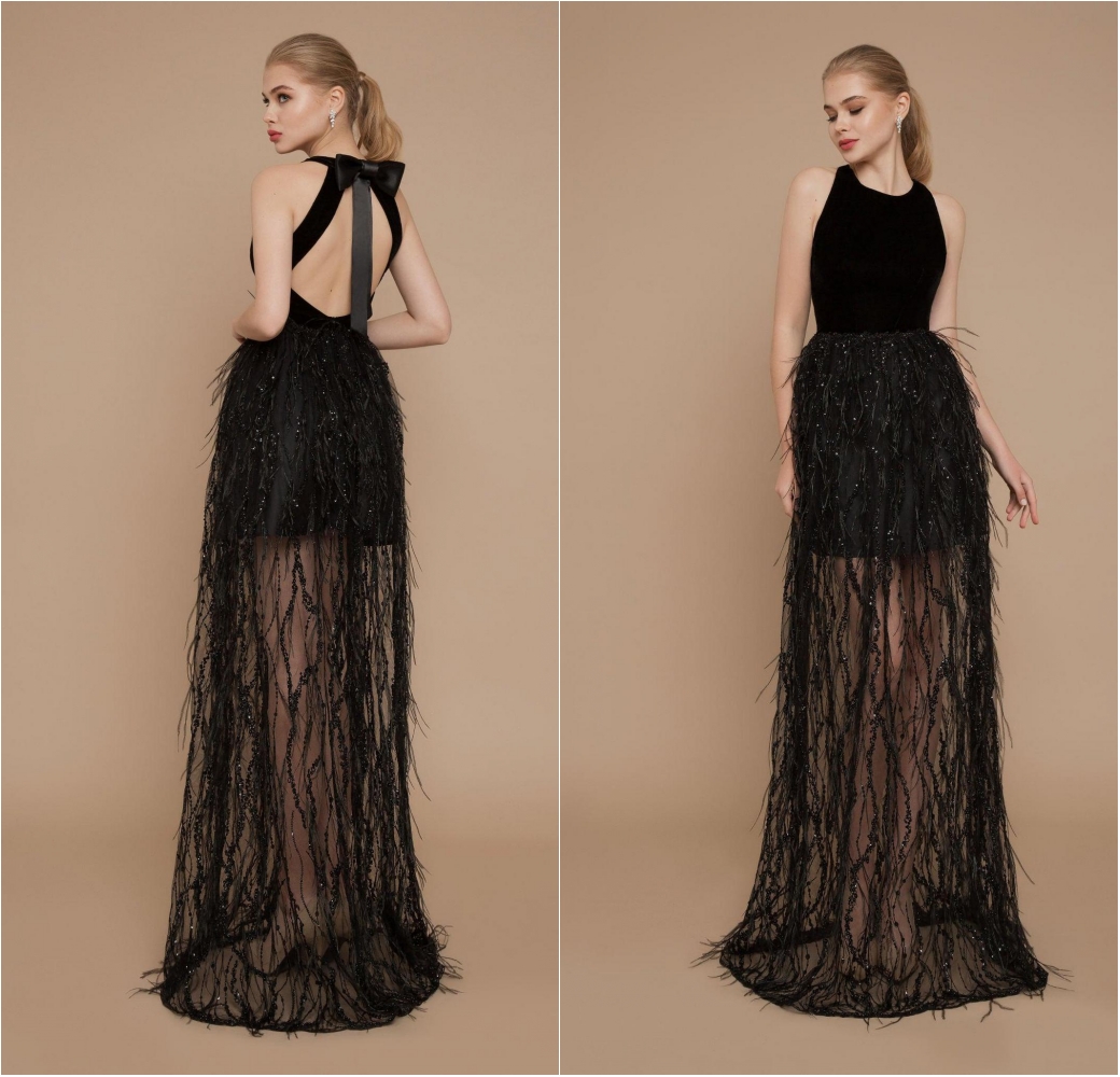 2020 Black Feather Prom Dresses Jewel Neck A Line Beading Illusion Evening Gowns Sweep Train Formal Party Second Gowns