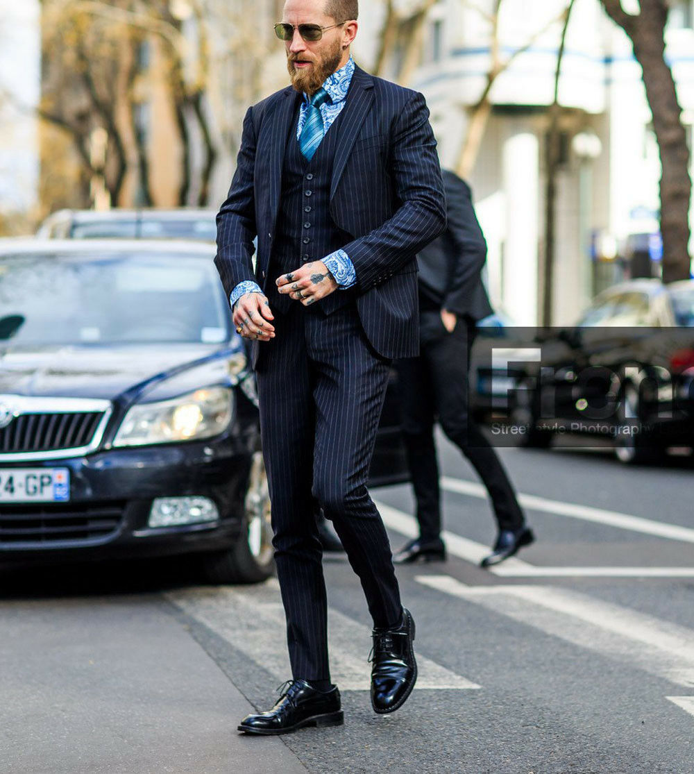 Navy Blue Strip Wedding Tuxedos 3 Pieces Two Button Peaked Lapel Groom Wear Party Prom Best Men Blazer Suit(Jacket+Vest+Pants)