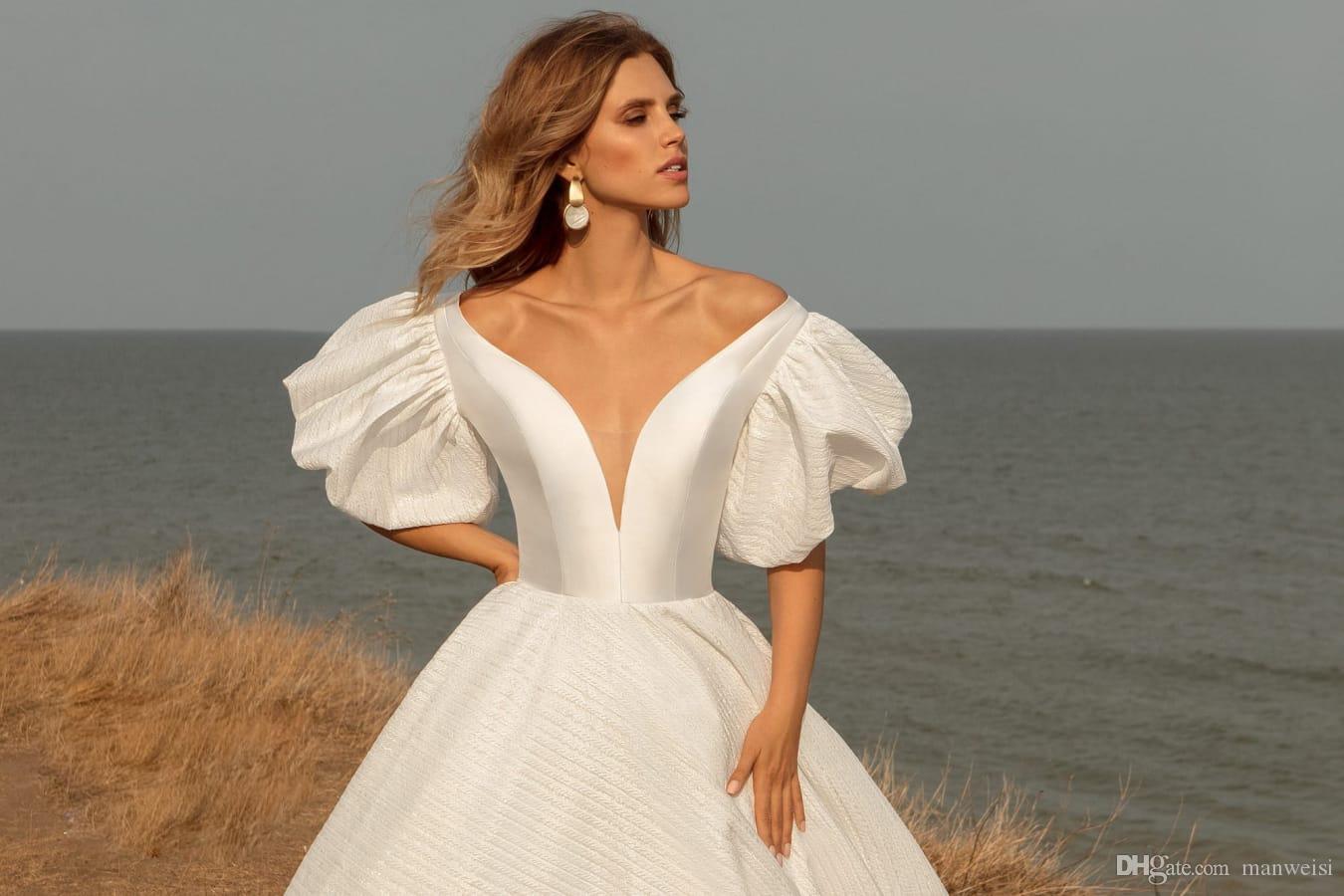 modest satin wedding dresses v neck short sleeve a line bridal gown boho country wedding dress robes de marie