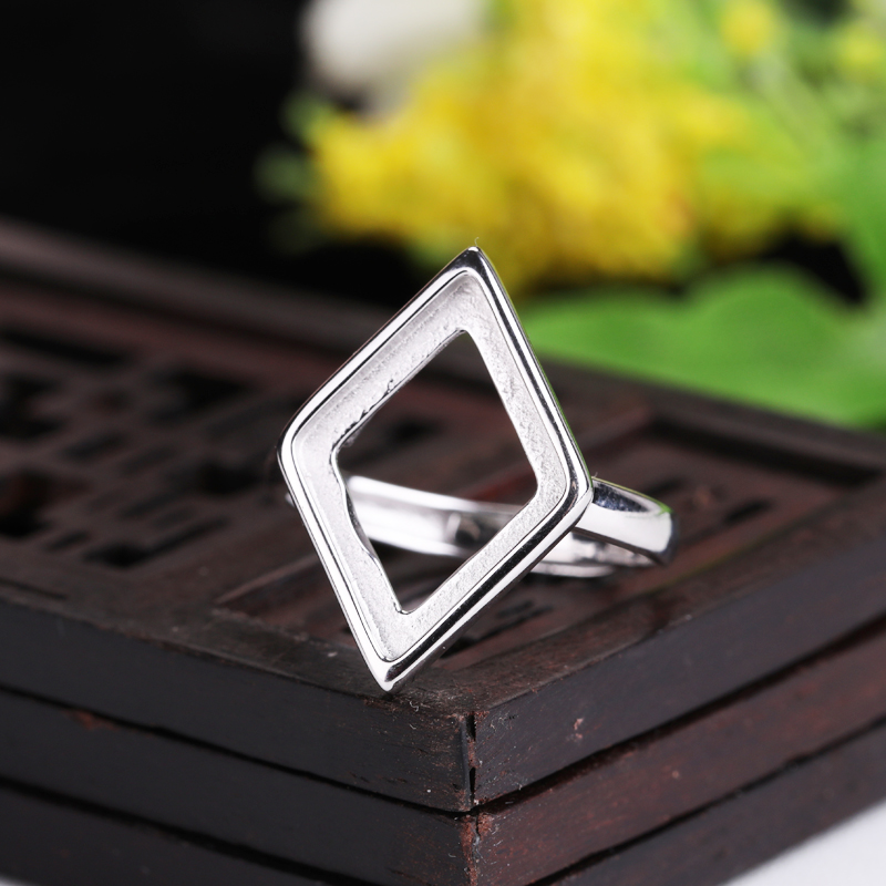 925 Sterling Silver Engagement Wedding Ring 13x18mm Rhombus Cabochon Semi Mount Ring Fit Amber Turquoise Lapis Lazuli Setting