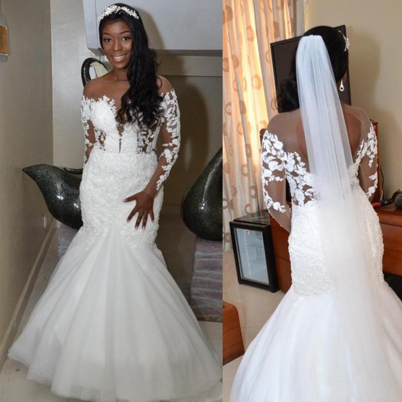African Mermaid Wedding Dresses 2020 vestido de novia Long Sleeve Wedding Gowns Sheer Lace Applique Bridal Dress Custom Made, Black
African Mermaid Wedding Dresses 2020 vestido de novia Long Sleeve Wedding Gowns Sheer Lace Applique Bridal Dress Custom Made, Black