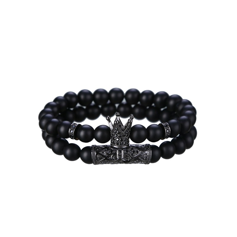 2 Set Bracelets - Matte Black Onyx 8MM Crown Men and Women Tattoo Personality Friendship Gift bracelet