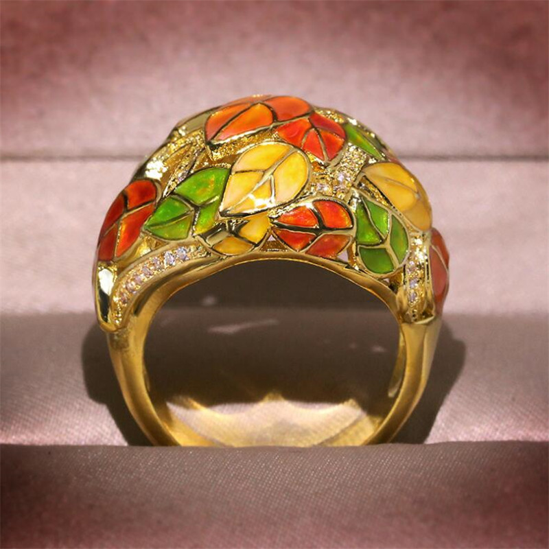 Vintage Fashion Jewelry Enamel ring 925 Sterling Silver Separate Gold Cubic Zircon Women Wedding Party Leaf Band Ring For Lovers' Gift