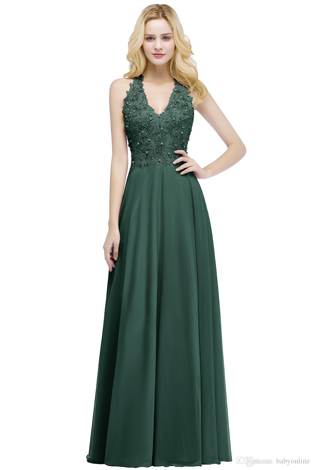 Newest Lace Chiffon Evening Elegant Sleeveless A Line V Neck Sequins Beaded Top Prom Gowns Bridesmaids Dress Cps912