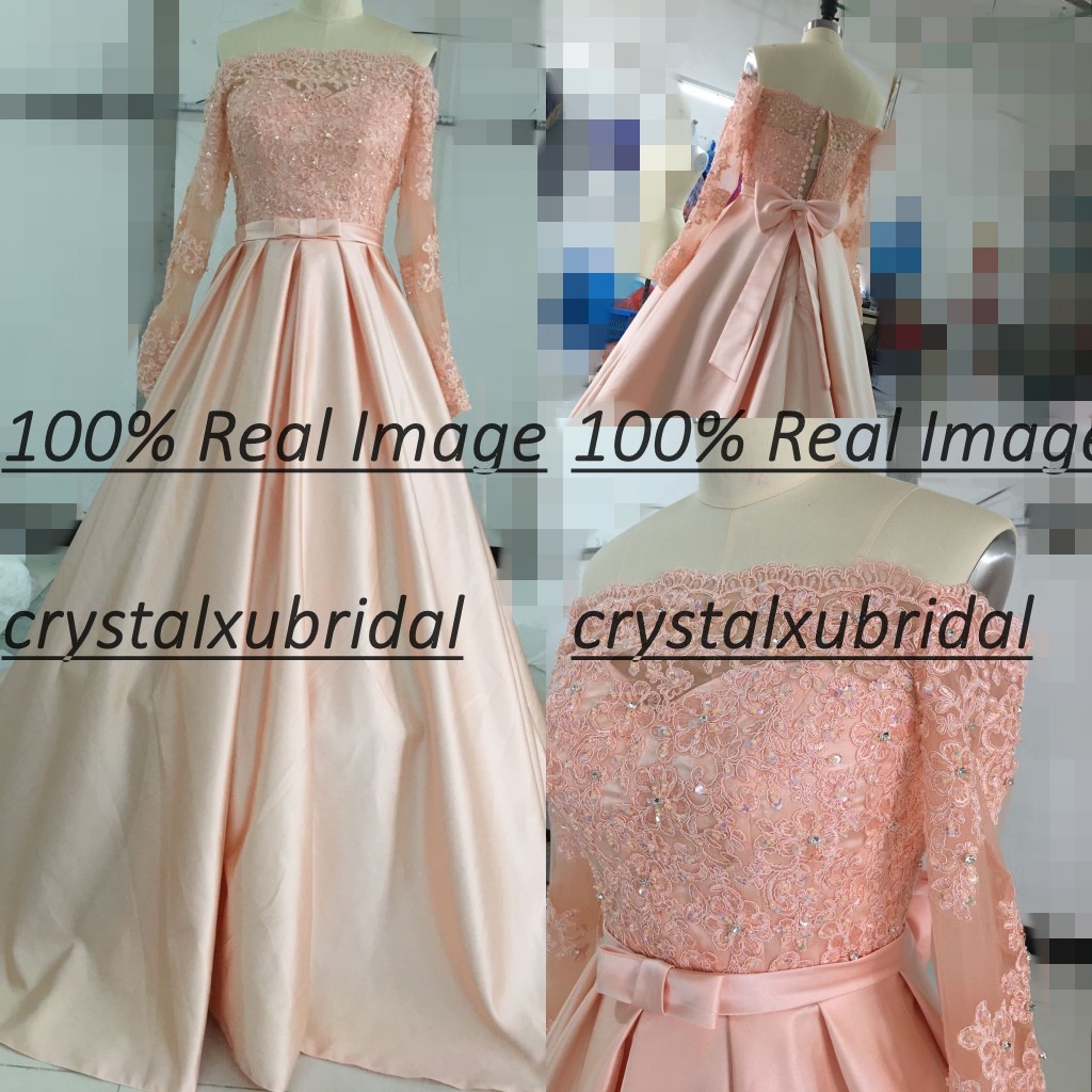 New Real Image Evening Dresses Wear Peach Off Shoulder Long Sleeves Lace Appliques Crystal Beads Sweep Train Custom Prom Party Gowns