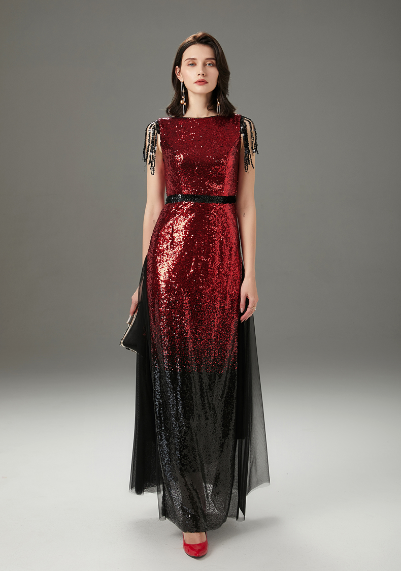 Women's Runway Dresses O Neck Sleeveless Sequined Tassels Color Block Layered Elegant Party Prom Dresses