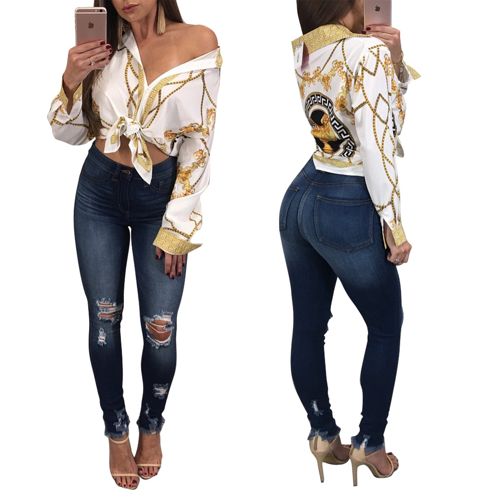 New Autumn Deep V Neck Full Long Sleeve Blouse Shirt Women Gold Chain Printed Tops Causal Female ClubWearTop Basic Shirt