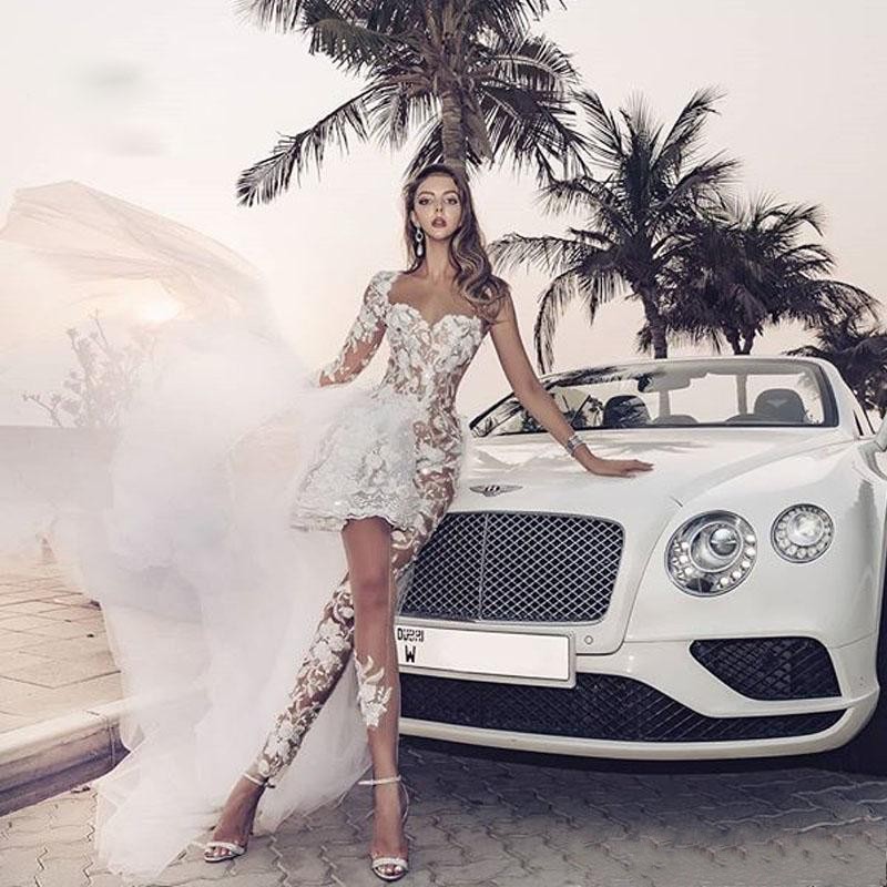 Attractive Beaded Lace Jumpsuit Wedding Dresses One Shoulder Long Sleeve Overskirt Bridal Gowns A Line Appliqued robe de mariée