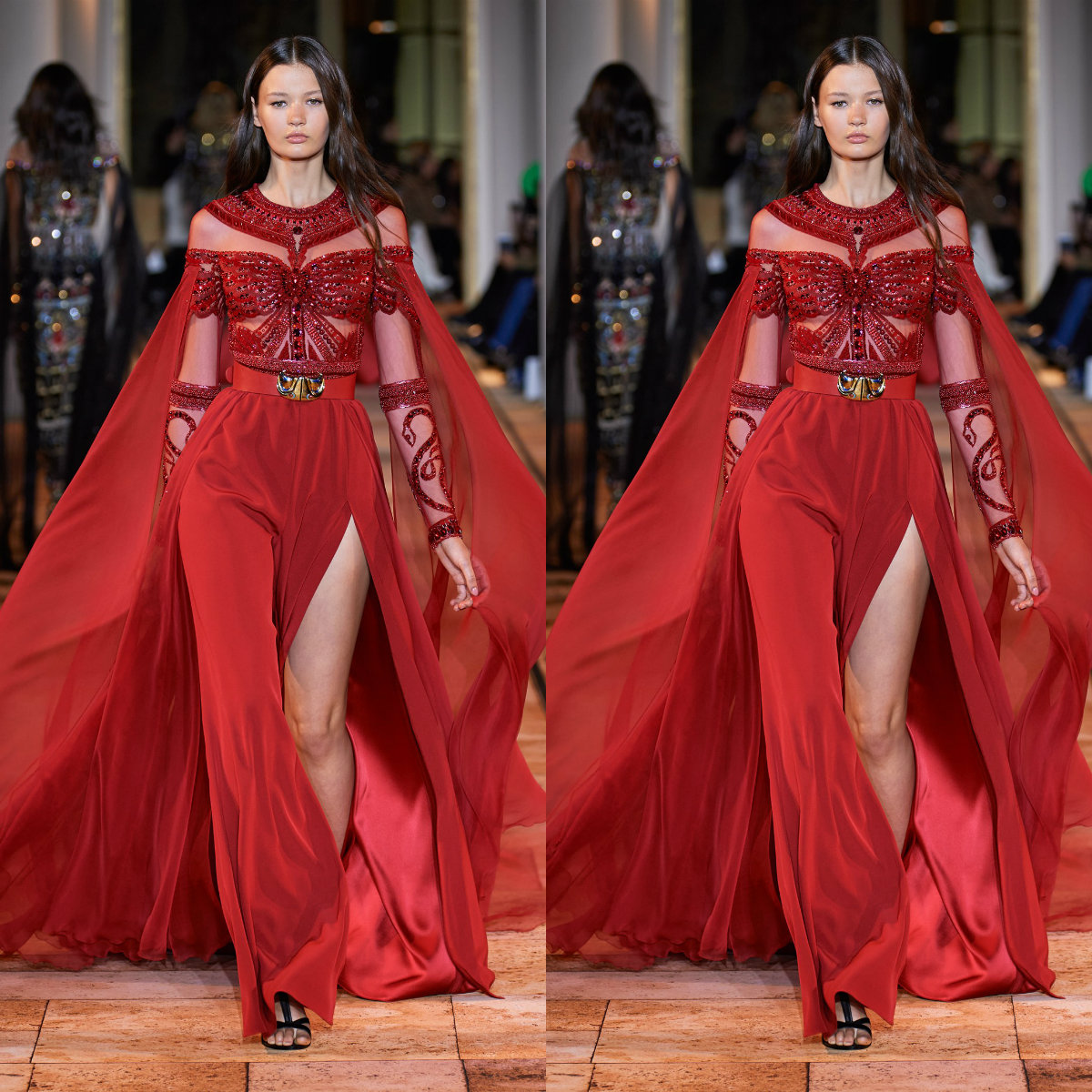 2020 Zuhair Murad Prom Dresses With Wrap Beads A Line Tulle Long Sleeve Evening Dresses High Split Party Wear Custom Made Formal Gowns