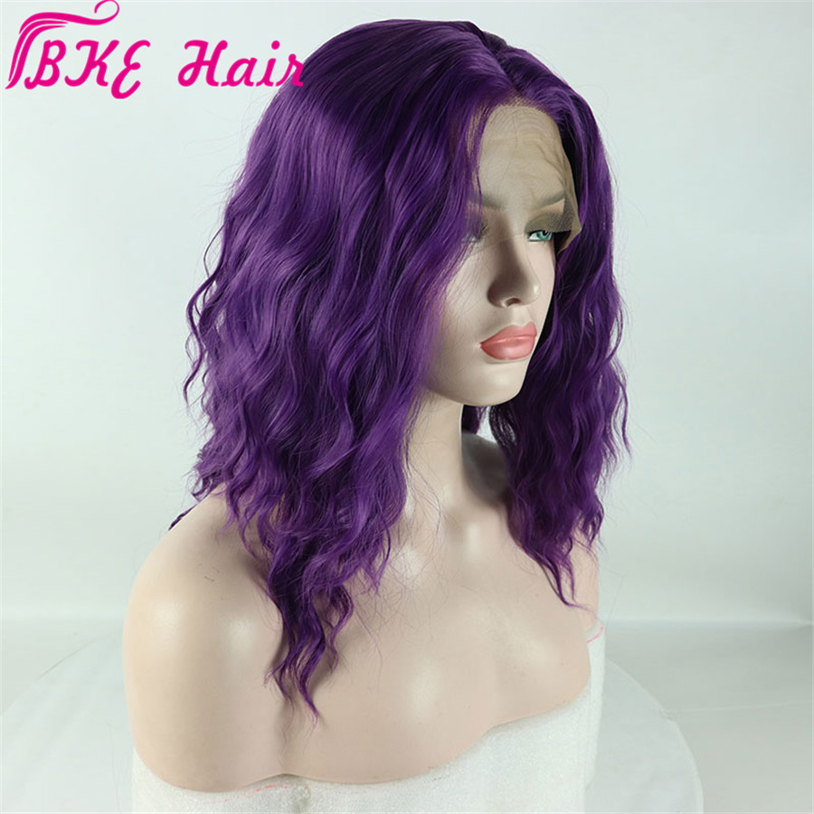 Purple Short Wavy Bob Full Hair milde part Part water Wave Wigs High Temperature Fiber Synthetic Lace Front Wig For White Women
